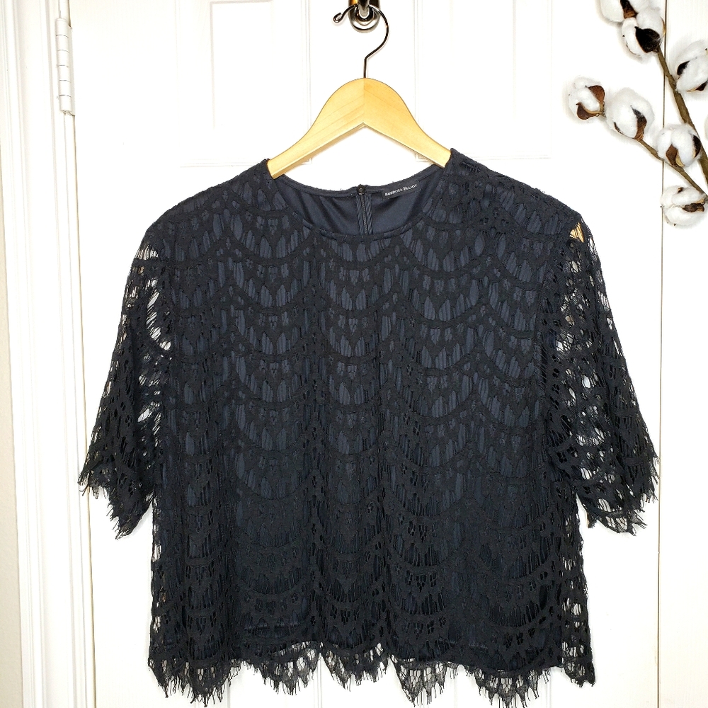 Short sleeve black lace crop top.